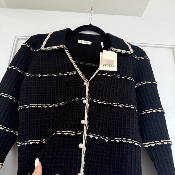 NWT Sandro Andina Cropped Cardigan Sweater Black Waffle Knit Embroidered Striped - Picture 5 of 9